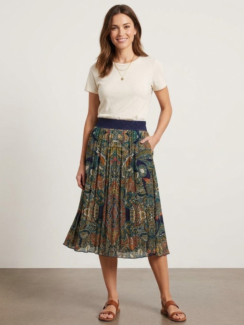 LuLaRoe Madison Skirt XS Multi-Color Paisley Pleated Midi Skirt with Pockets
